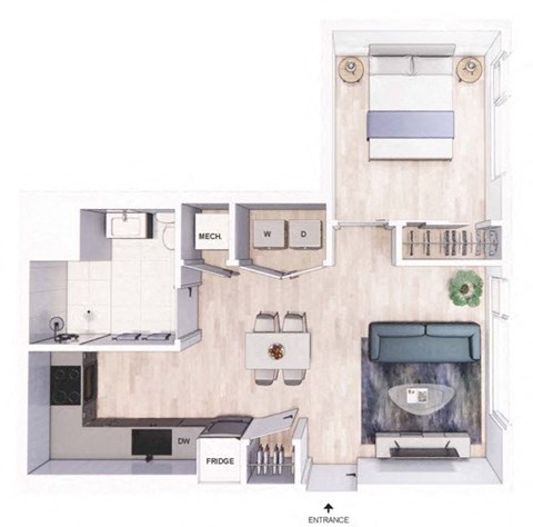 A floor plan of a kitchen with a fridge, dishwasher, oven, and microwave.